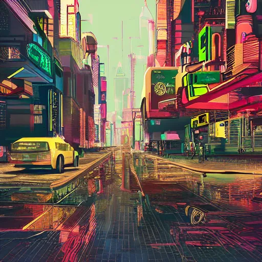 Prompt: the streets of a cyberpunk city with flying cars on the roads and robots walking on the sidewalks, digital art