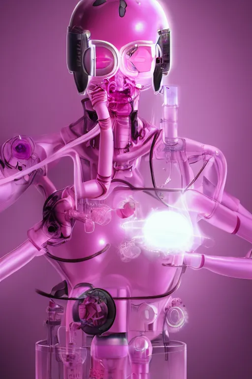 Image similar to Pink Vapor Inhalation Cyborg in a Medical Laboratory Connected to a Spherical Bottle of Pink Liquid by a Tube, Pink Vapor Leaking from an Oxygen Mask, fantasy, magic, ultra detailed, digital art, trending on artstation, illustration, robotic, mechanical, creepy, unsettling, horror, abandoned