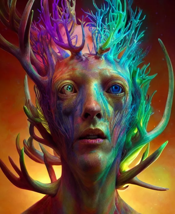 Image similar to filigreed colorful transparent portrait of a terrifying beautiful alien sea creature, antlers, mottled coloring, adorable, childlike, horror environment, ultra realistic, concept art, art nouveau, photorealistic, octane render, 8 k, unreal engine. art by christopher marley and artgerm and greg rutkowski and alphonse mucha