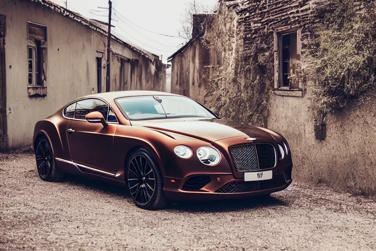 Image similar to modern rusty matte tired Bentley Continental GT without gloss no reflections drives along the road of an old Russian village with houses at the edges