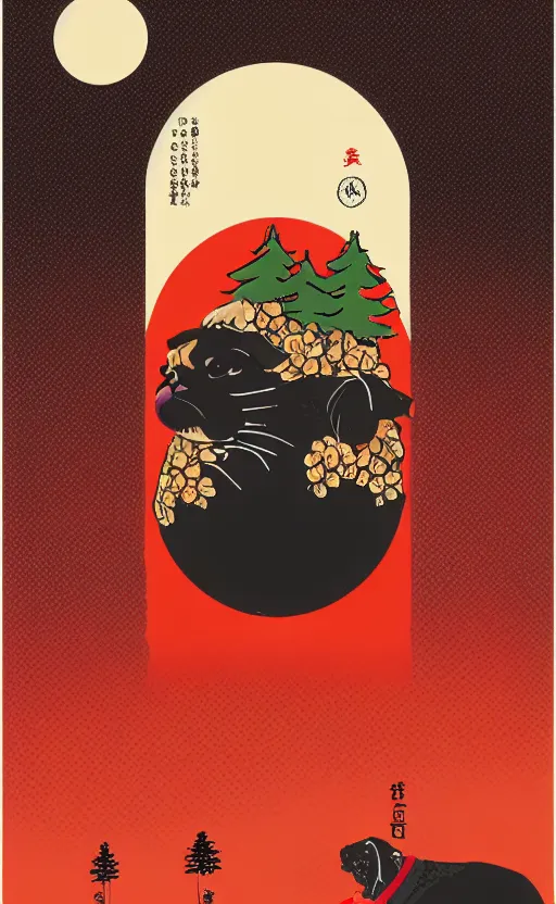 Image similar to hanafuda pug, a big red charm is floating above a forest of japanese pines, a big red sun in the background, original style, front game card, vector line art, trending on behance, concept art, stunning, matte