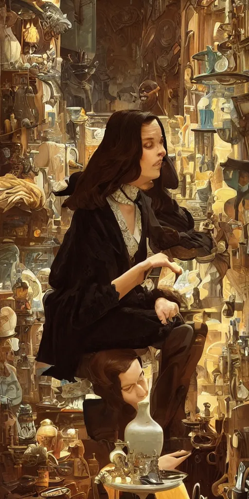 Prompt: brown black coat sitting in the old antique shop, deep focus, turnaround, pulp art, fantasy, intricate, elegant, highly detailed, digital painting, artstation, concept art, matte, sharp focus, illustration, hearthstone, art by rhads and artgerm and greg rutkowski and alphonse mucha.