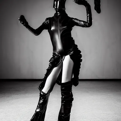 Image similar to fashion photography of an extraterrestrial model, holding a leather whip, wearing demobaza fashion, inside berghain, berlin fashion, harness, futuristic fashion, dark minimal outfit, photo 3 5 mm leica, hyperdetail, berghain, 8 k, very detailed, photo by nick knight