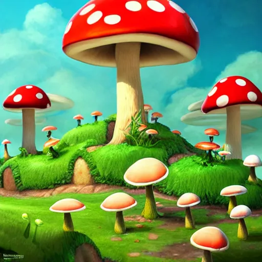 Image similar to mushroom kingdom from mario, digital art, giant green and white spotted mushrooms, at night, exotic flowers and plants, sprites, irina french, heraldo ortega, mandy jurgens trending on artstation 8 k 1 5 0 mpx