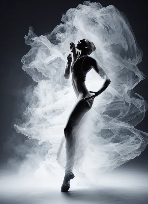 Image similar to a Photorealistic dramatic hyperrealistic render of a glamorous beautiful Female smoke dancer by Ken Brower and Deborah Ory of NYC Dance project,Lois Greenfield,Flowing cloth and smoke,Beautiful dynamic dramatic dark moody lighting,volumetric,shadows,cinematic atmosphere,Octane render,8K