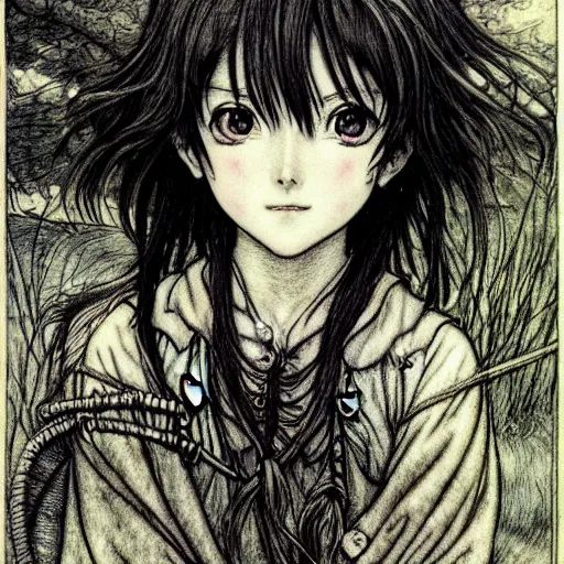 Prompt: photo of a cute young anime-style girl in the style of Arthur Rackham, realistic, wide focus, 8k ultra, insanely detailed, intricate, elegant, art by Laurie Lipton