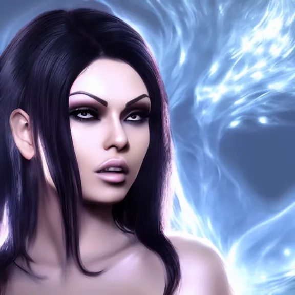 Prompt: portait of haifa wehbe, long hair centred, hd, very detailed curve, unreal engine, final fantasy style, fairy tail background