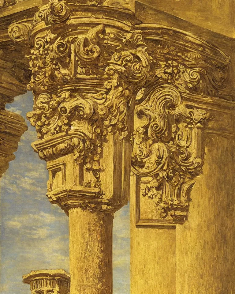 Prompt: achingly beautiful painting of intricate ancient roman corinthian capital on 2 2 k gold background by rene magritte, monet, and turner. giovanni battista piranesi.