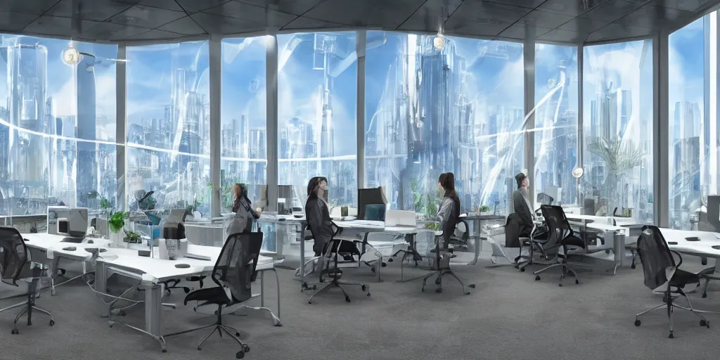 Prompt: a solarpunk office with levitating chairs, windows of a futuristic city in the background hyper - realistic digital art