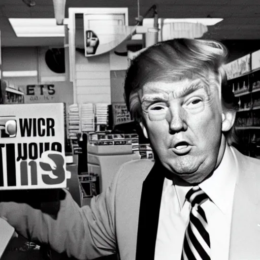 Image similar to Donald Trump working at Kmart in the 1980s black and white photo movie still