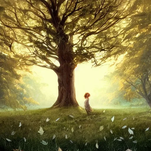 Prompt: a big tree in a meadow with white leaves and some leaves falling retro digital painting, artstation, concept art, soft light, hdri, smooth, sharp focus, illustration, fantasy, intricate, elegant, highly detailed, D&D, matte painting, in the style of Greg Rutkowski and Alphonse Mucha and artemisia, 8k, highly detailed, jurgens, rutkowski, bouguereau, pastoral, rustic, georgic
