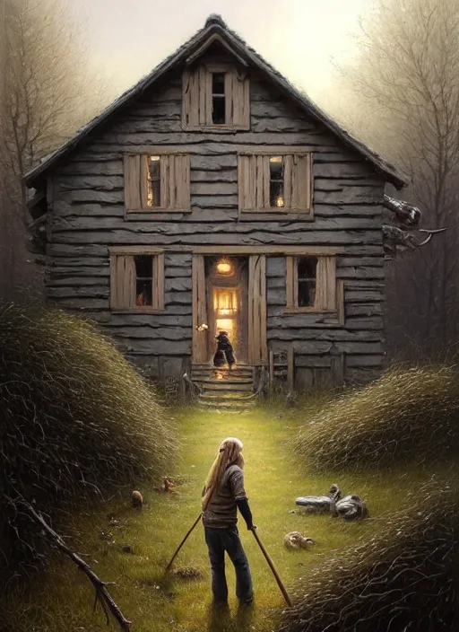 Image similar to highly detailed hyperrealistic painting of a blonde long - haired hillbilly standing in front of old rough house holding a stick, with his fluffy black and gray australian shepherd, bonfire, stephen bliss, art by greg rutkowski, loish, rhads, ferdinand knab, makoto shinkai and lois van baarle, tom bagshaw, global illumination, artstation