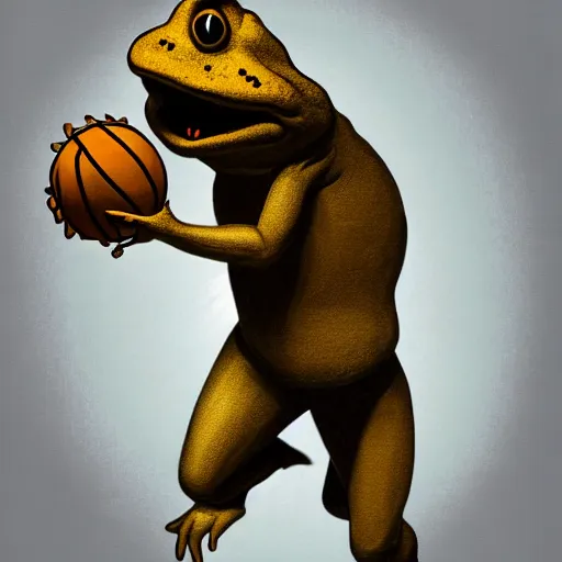 Prompt: a six foot tall anthropomorphic toad playing basketball, style of goya, painting, 4 k, artstation, ultra realistic, dynamic lighting, dynamic shadow