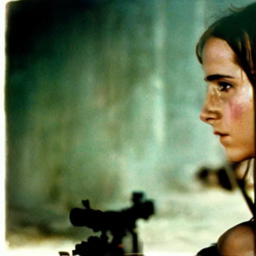 Image similar to film still, extreme far view, emma watson vietnam door gunner, film still from apocalypse now ( 1 9 7 9 ), 2 6 mm, kodak ektachrome, blue tint expired film,