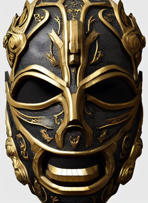 Image similar to armoured facemask, with intricate carving details in black and gold, ultra realistic, octane render, 8 k, hd, realistic lighting