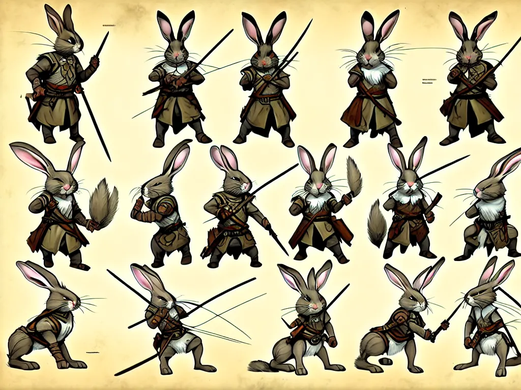 Image similar to character design sheet for a group of heroic rabbit archers on a parchment background, redwall, greg rutowski and jean baptiste monge, very very detailed, epic fantasy concept art