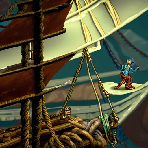 Image similar to guybrush threepwood fighting with lechuck in the top of the ship mast