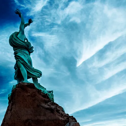 Image similar to venus, nike, the winged victory of samothrace statue made of turquoise crystal on a rock in the clouds dramatic low light volumetric lighting epic towering clouds central composition