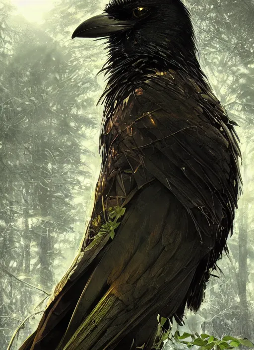 Image similar to glowing silver and golden elements, full close-up zoom portrait of realistic crow, book cover, green forest, white moon, establishing shot, extremly high detail, photo-realistic, cinematic lighting, by Yoshitaka Amano, Ruan Jia, Kentaro Miura, Artgerm, post processed, concept art, artstation, matte painting, style by eddie mendoza, raphael lacoste, alex ross