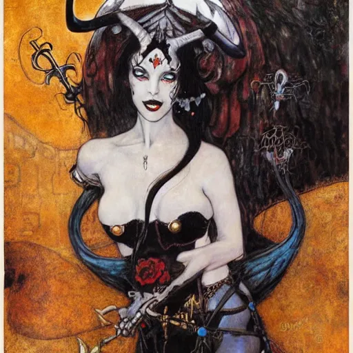 Image similar to lady death with horns, klimt, royo, miro, frazetta, whealan,