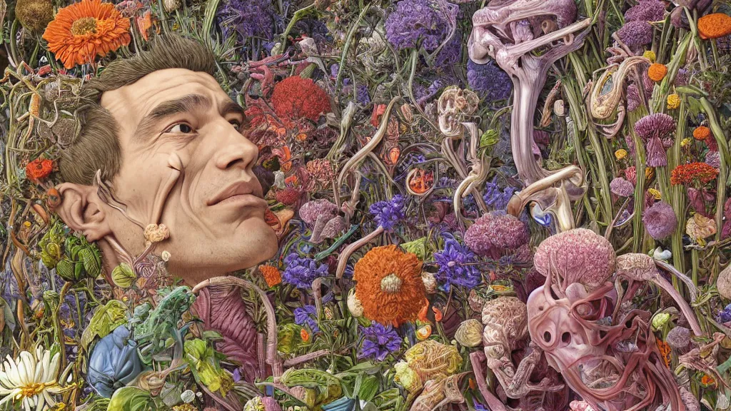 Image similar to highly detailed illustration of a human anatomy head surrounded all the known species of flowers by juan gatti, by moebius!!, by oliver vernon, by joseph moncada, by damon soule, by manabu ikeda, by kyle hotz, by dan mumford, by kilian eng