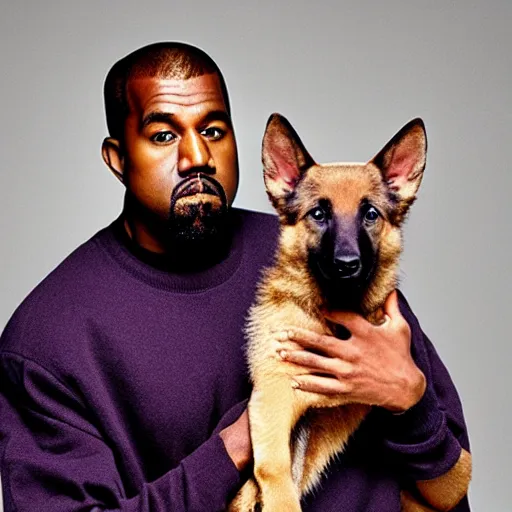 Image similar to Kanye West holding a German Sheppard for a 1990s sitcom tv show, Studio Photograph, portrait C 12.0