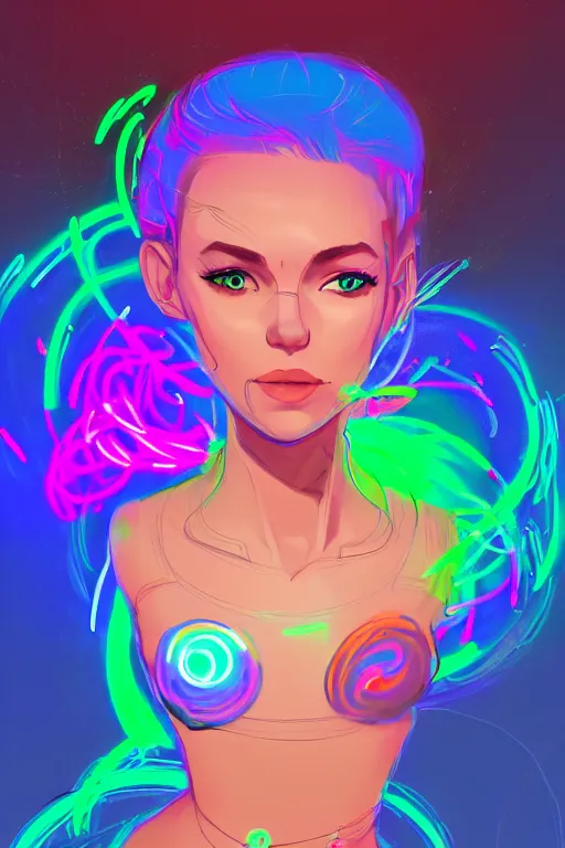 Image similar to a award winning portrait of a beautiful woman with stunning eyes in a one off shoulder crop top and cargo pants with rainbow colored hair, outlined by whirling illuminated neon lines and fine lines swirling in circles by greg tocchini, digital art, trending on artstation