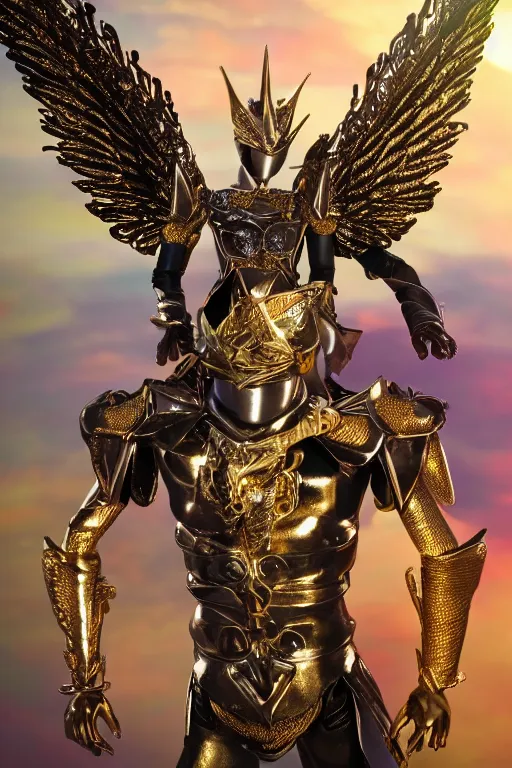 Prompt: angel knight male character, sun and rainbow background, delicate features, fast movement, proportional figure. kaycee rice. neopunk armor, brass, intricate jewelry, gemstones, gold. ultra realistic. fine details. volumetric light. 8 k.