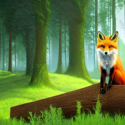 Image similar to a red fox on top of a log, in a green fantasy forest, lighting, digital art, matte painting, artstation trend, hdr