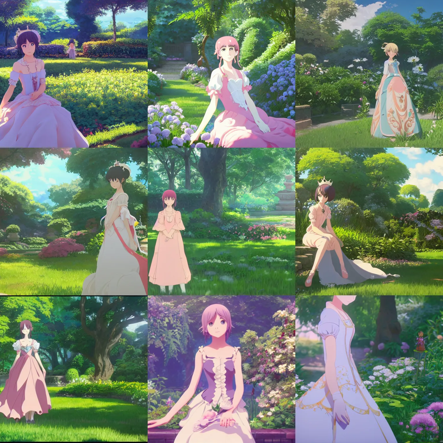 Prompt: character portrait of rococo princess in a garden, by makoto shinkai, 4 k