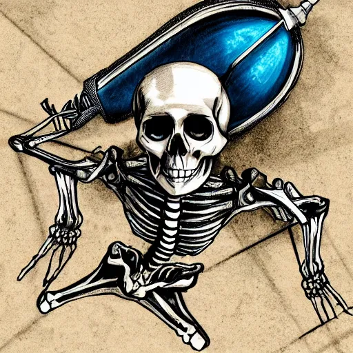 Image similar to a detailed portrait of a skeleton riding a missile, blue eyes, art illustration, incredibly highly detailed and realistic, 8 k, sharp focus