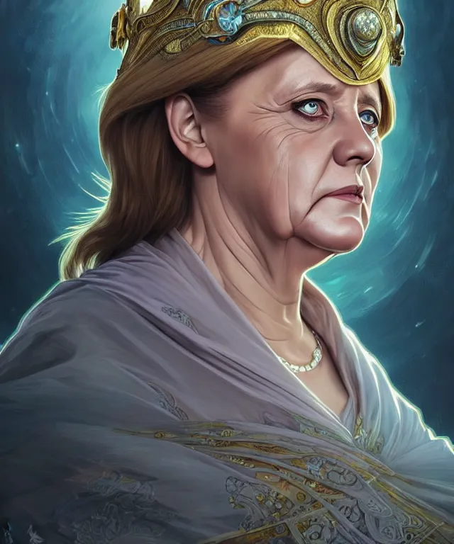 Image similar to Angela Merkel as a fantasy magic woman portrait, sci-fi, amber eyes, face, long hair, fantasy, intricate, elegant, highly detailed, digital painting, artstation, concept art, smooth, sharp focus, illustration, art by artgerm and greg rutkowski and alphonse mucha