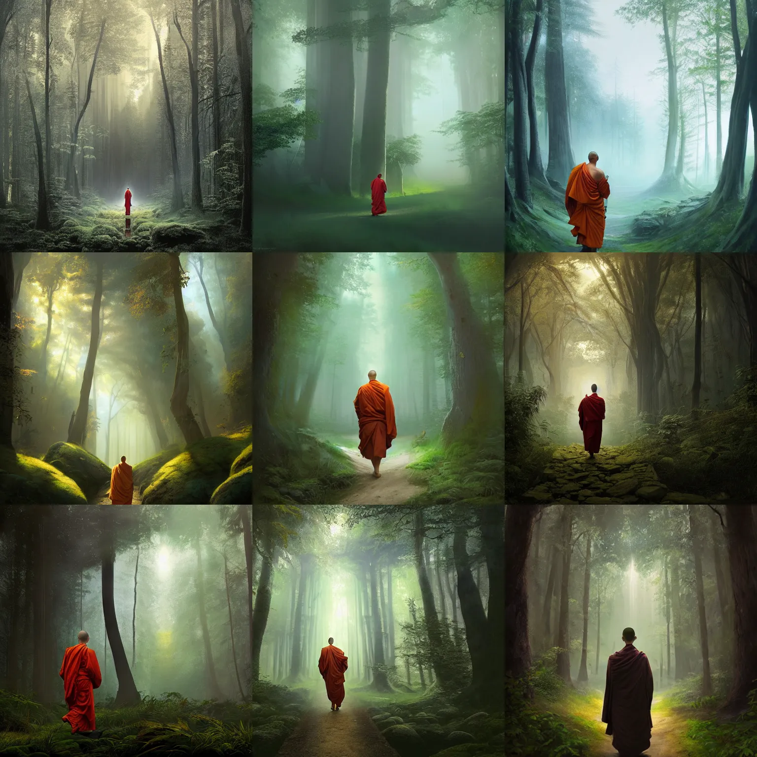 Prompt: a painting of a sacred monk walking through a mystical forest, a matte painting by Filip Hodas, featured on cgsociety, magical realism, matte painting, anamorphic lens flare, concept art