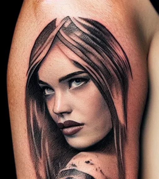 Image similar to tattoo design sketch of a beautiful woman face with a faded background of beautiful mountains and nature on her side, hyper - realistic, in the style of den yakovlev, amazing detail, black and white