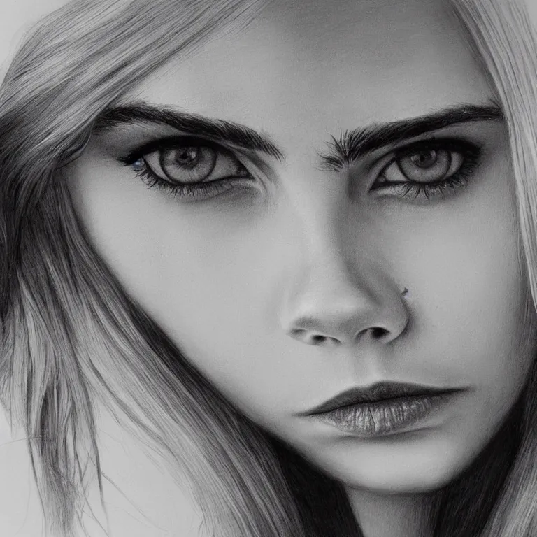 Image similar to Concept-art portrait of Cara Delevingne, photorealism, smiling face, clear eyes, pencil painting
