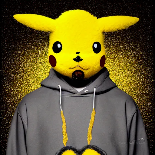 Prompt: Kanye West in a yellow pikachu! hoody, Studio Photograph, portrait C 12.0