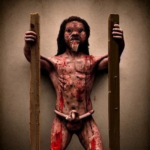 Image similar to a highly detailed realistic photographic render crucified swine god, humanoid pig, bloody christ with the head of a pig, dead souls, religious sculpture, creepy, horror, horror scene, cinematic horror, creepy horror, scary scene, cinematic lighting, cinematic scene, Volumetric lighting, Atmospheric scene, Dark, Horror, Atmospheric lighting, Global illumination, realistic, photo realism, hyper realistic, hyper realism, photo realisitc, cinematic render, film, beautifully lit, ray traced, octane 3D render, octane render, unreal engine