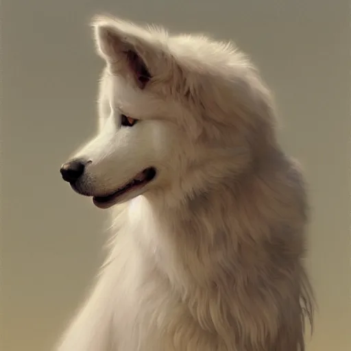 Image similar to samoyed dog, intricate, art by artgerm and greg rutkowski and alphonse mucha and william - adolphe bouguereau, high detailed, 4 k,