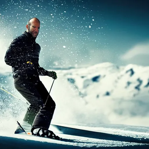 Image similar to jason statham skiing, full body shot, cinematic lighting, studio quality