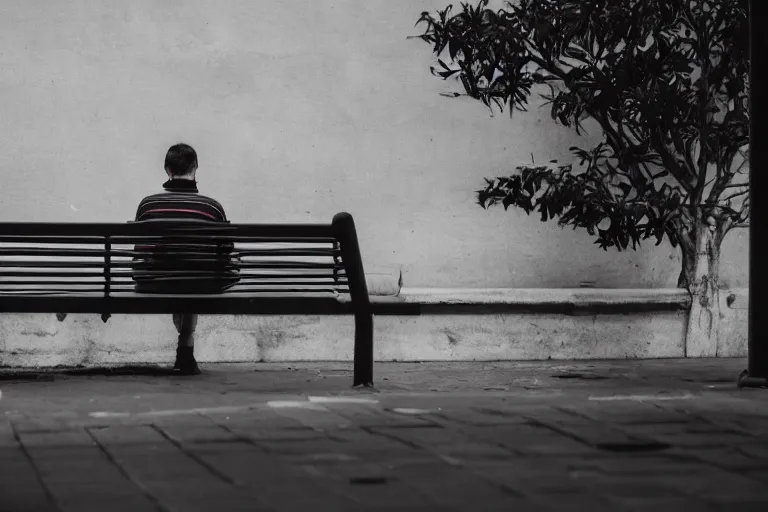 Image similar to photo of a man sitting on a bench waiting for someone that will never come, depressing, moody, nostalgic, dramatic, 8 k uhd