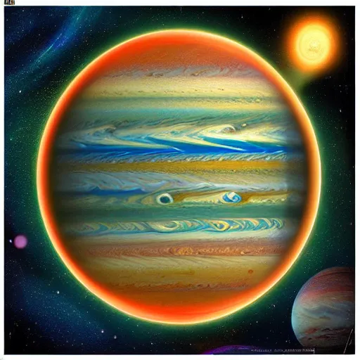 Prompt: A beautiful painting. Using data from a NASA exoplanet space telescope, scientists discovered a Jupiter-like world 379 light-years from Earth, orbiting a star similar to our Sun. synthwave, hygge, Roman by Jean Fouquet digital art