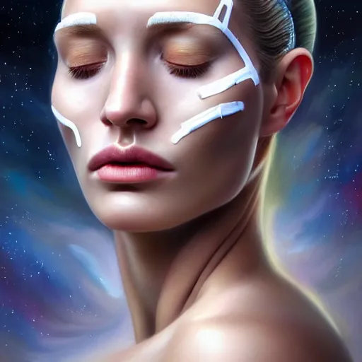 Image similar to portrait of a scarred very beautiful woman with a large obvious scar across her cheek and lips, very very beautiful, wearing futuristic interstellar spacesuit, Alexandria's genesis, chin-length hair, bored, illustration, soft lighting, soft details, hyper realism, high detailed, painting oil on canvas by mark arian by artgerm, trending on artstation, 4k, 8k, HD