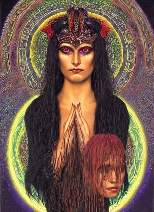 Image similar to Ayahuasca tripping cult magic psychic woman with horns eyes, subjective consciousness psychedelic, epic occult ritual symbolism story iconic, dark witch headdress, oil painting, robe, symmetrical face, greek dark myth, by John William Godward, Jason A Engle, Anna Dittman, masterpiece