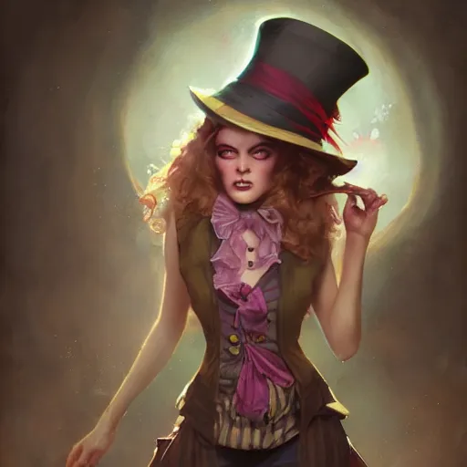 Image similar to realistic, full body portrait, attractive trashy female mad hatter, by Jordan Grimmer and greg rutkowski, crisp lines and color,