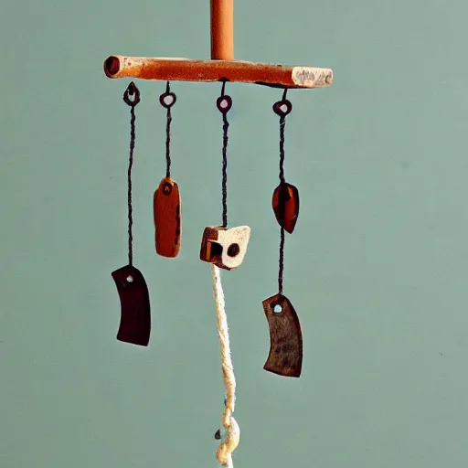 Prompt: This is a sketch of a wind chime made from the pieces of a broken mug. It shows the mug handle as the top piece with strings attached to it, and the bottom pieces of the mug hanging down like little bells, sketch, illustration