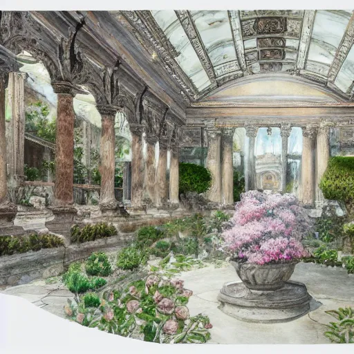 Image similar to delicate marble garden, watercolors on paper, stony, puffy, botanical herbarium, botanic, iridescent, 8 k wide angle, realistic shaded, fine details, artstation, italian, colonnade, oak tree, pinecone, pomegranade, hydrangea, vines, gardena architecture, pompeii