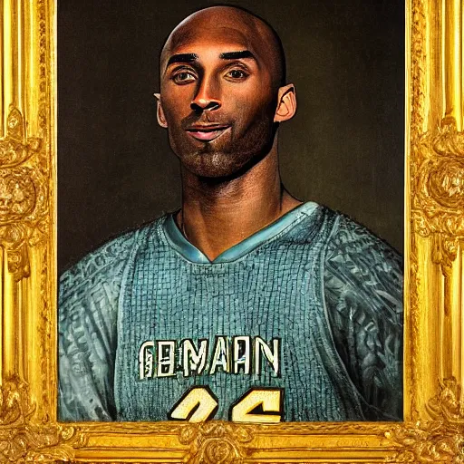 Image similar to portrait of kobe bryant with detailed, textured skin and piercing eyes, by nikolay makovsky