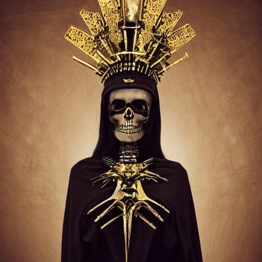 Prompt: saint skeleton queen, obsidian, strong dramatic cinematic lighting , ornate headdress , flowing robes, lost civilizations, smooth, sharp focus, extremely detailed, marble, stars, gold, space