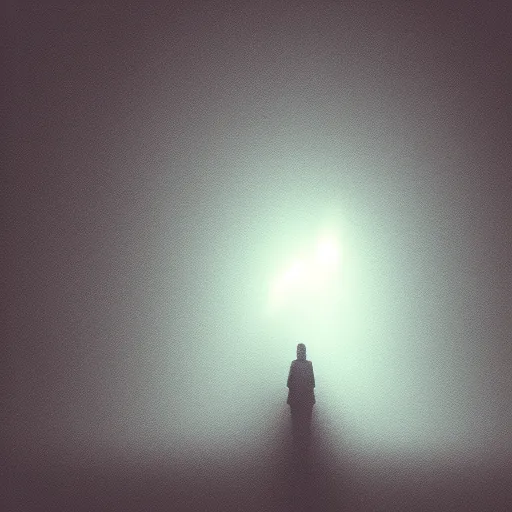 Prompt: dim lights shining through dark fog, emptiness, lonely female figure standing small, spooky found footage, dramatic contrast, psychedelic, trending on artstation