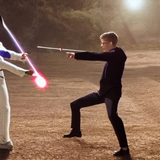 Image similar to film still of elon musk dueling bill gates with a fencing saber, epic cinematic